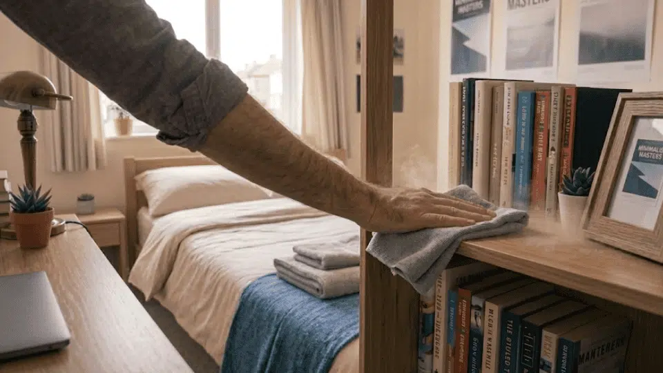 hand wiping dust from a wooden bookshelf with a cloth in a tidy bedroom with books, framed photo, and neatly made bed