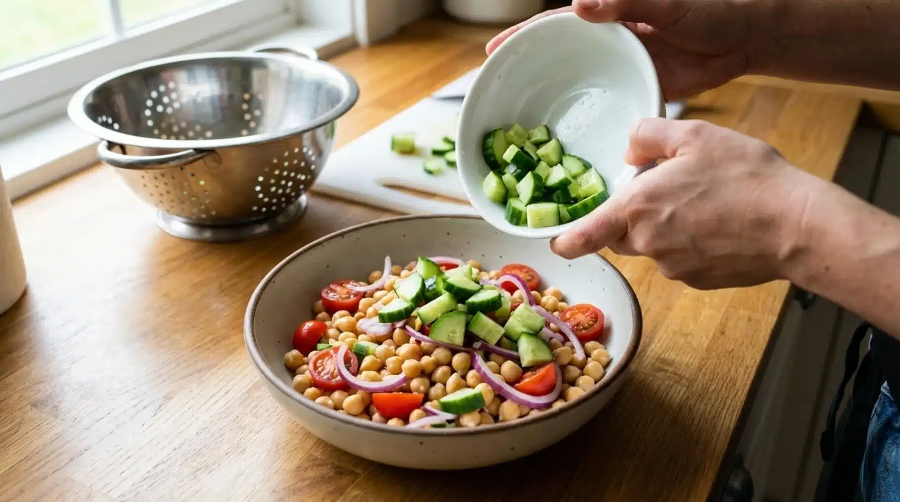 hands adding chopped cucumber to chickpea salad with tomatoes and red onion in bowl on wooden count near window