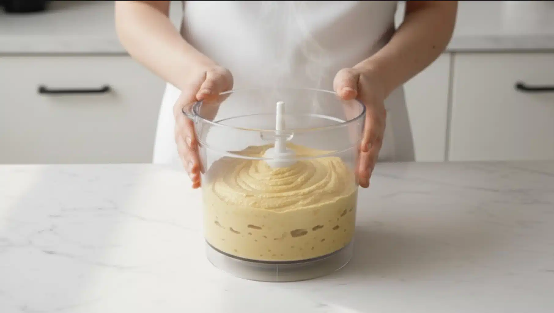 hands holding food processor bowl with creamy mixture, freshly blended hummus visible, in kitchen with white countertop