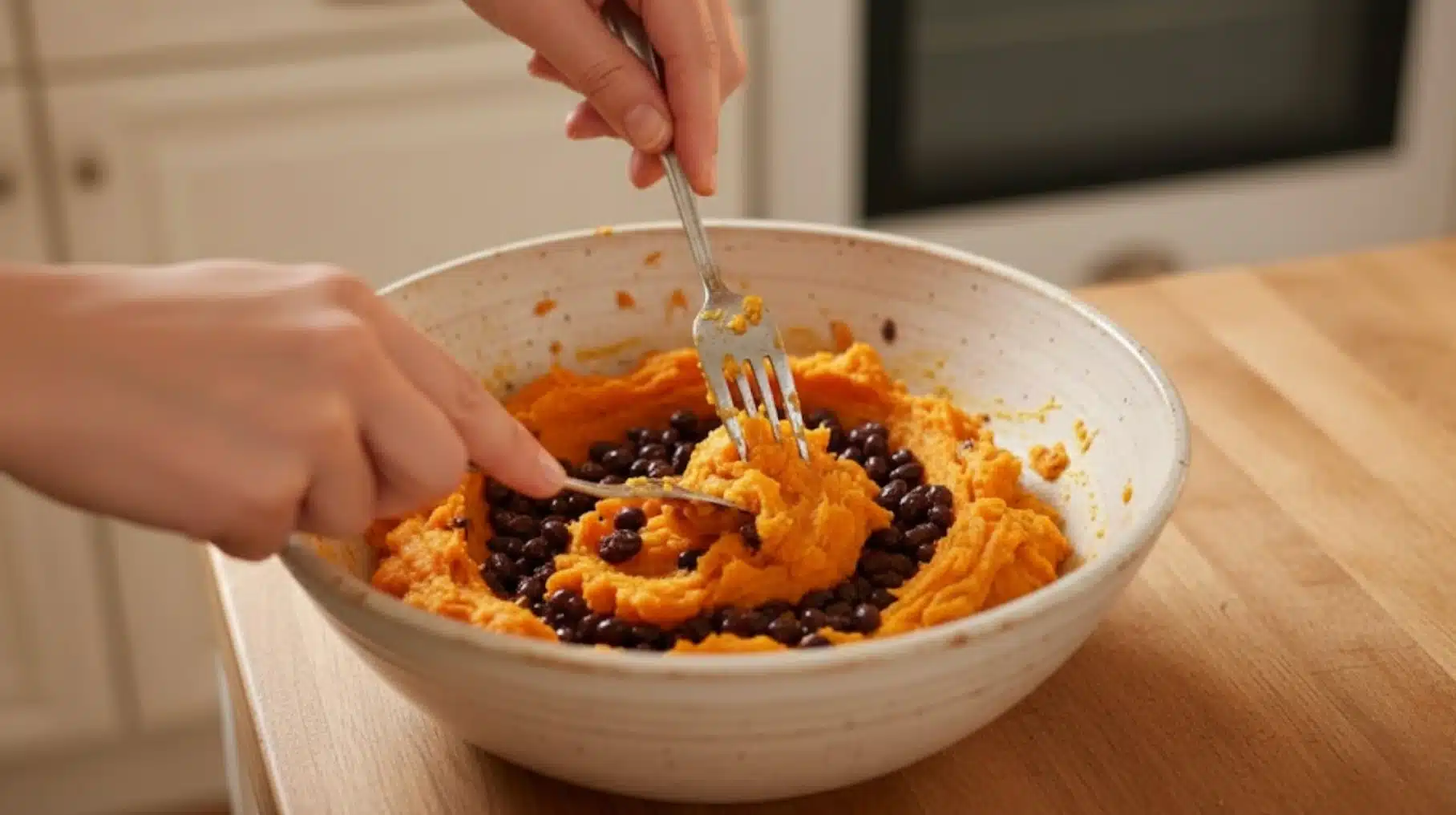 hands mashing baked sweet potato with black beans in bowl using fork and spoon to create savory sweet potato mixture