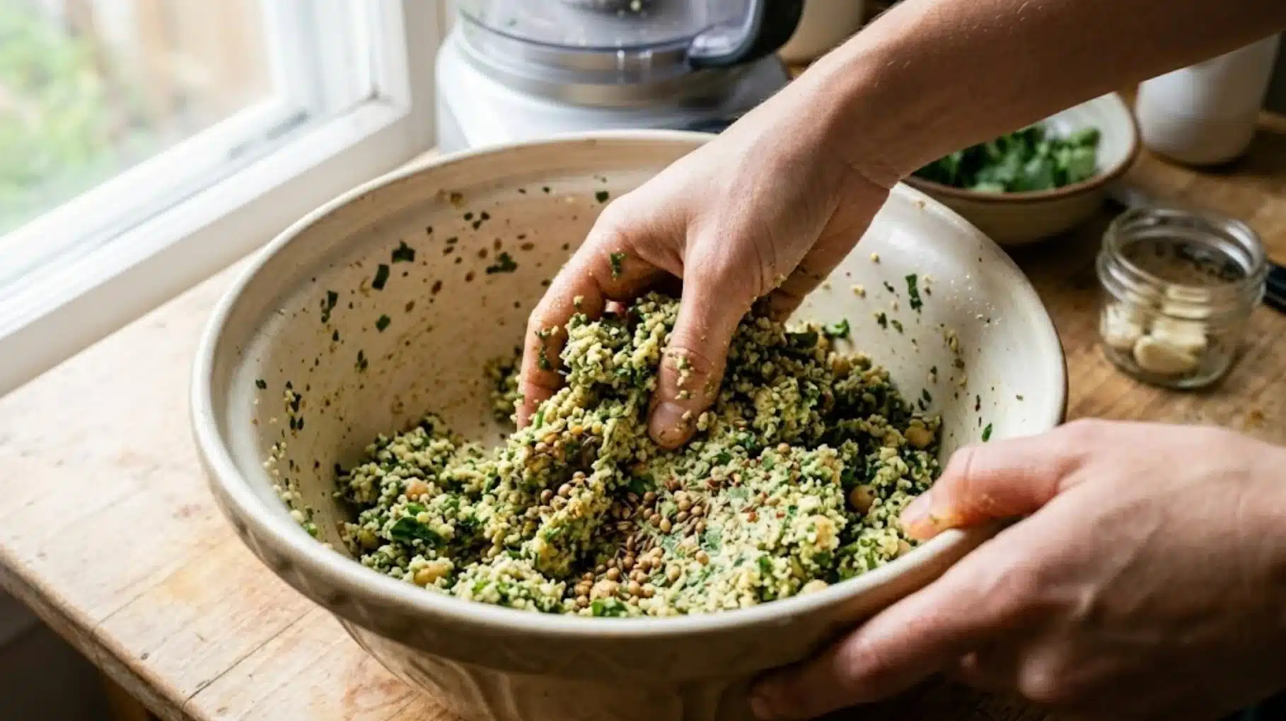 hands mixing chopped herbs, chickpeas, grains, and spices in a large bowl, combining ingredients into a mixture