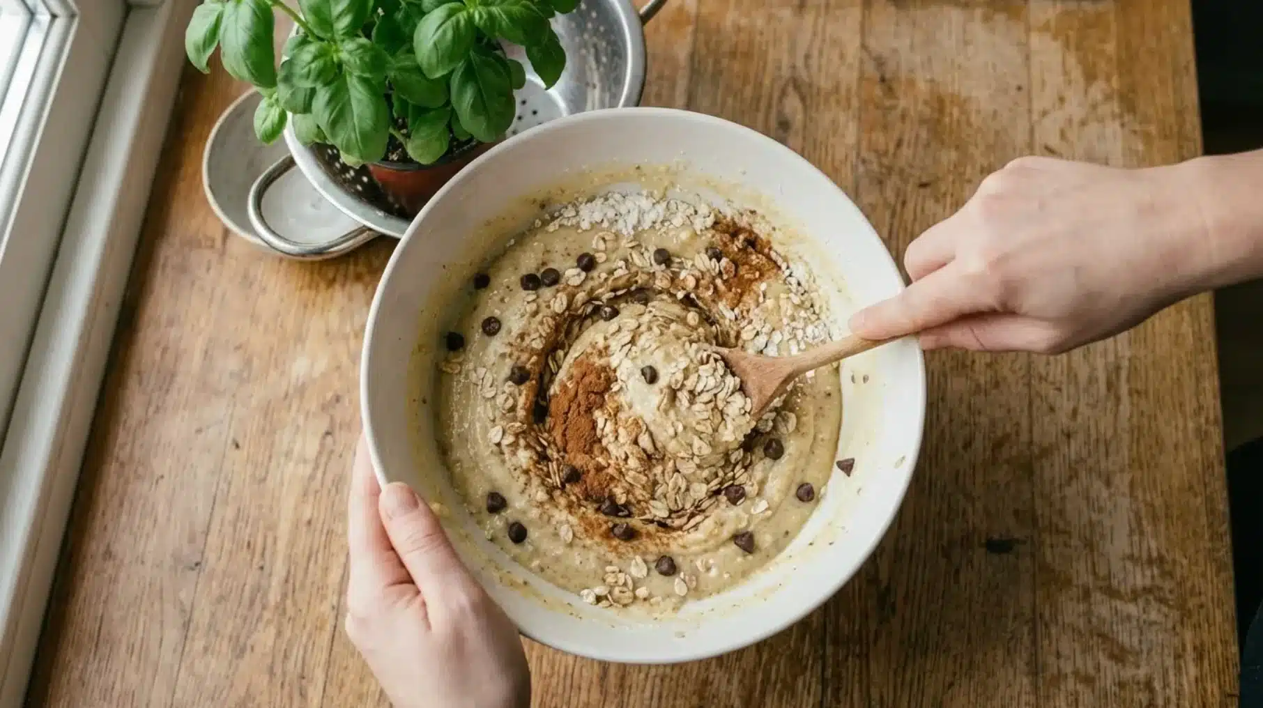 hands mixing oatmeal batter with chocolate chips, oats, cinnamon, and flour in a bowl on wooden countertop near a plant