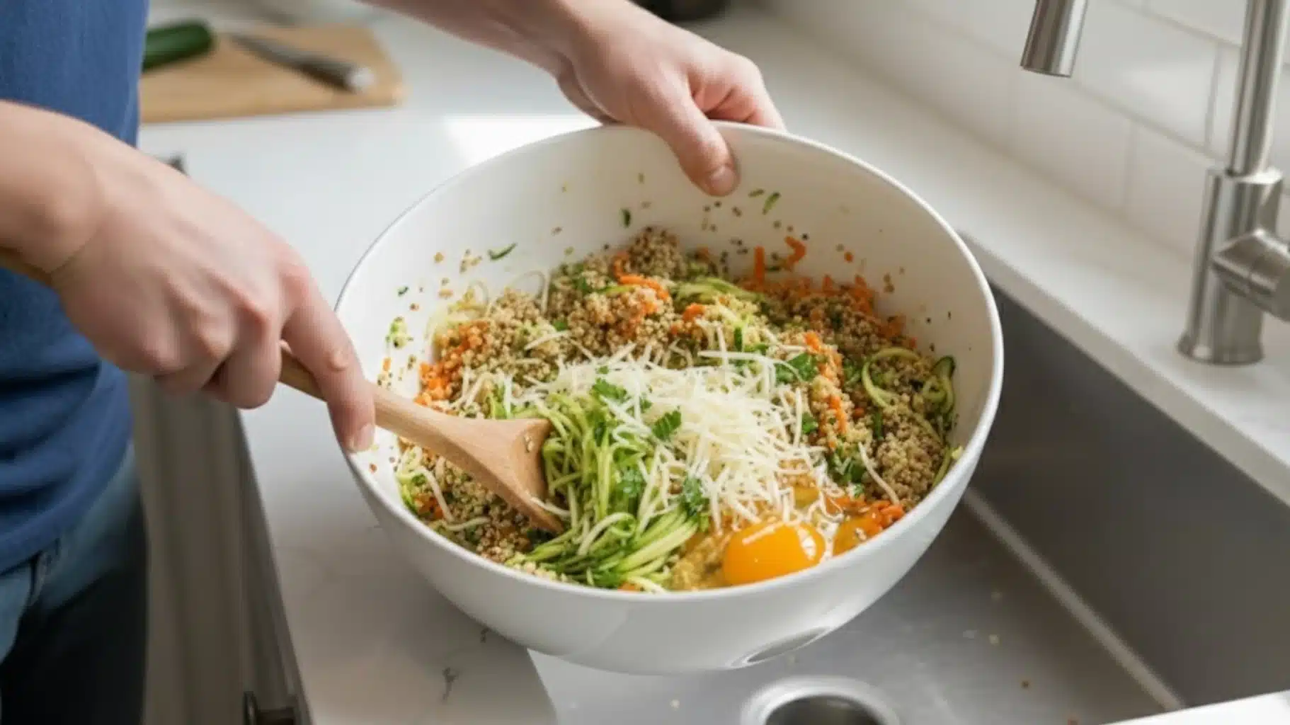 hands mixing quinoa, grated zucchini, carrot, egg, parmesan, and herbs in a bowl to prepare vegetable patty mixture