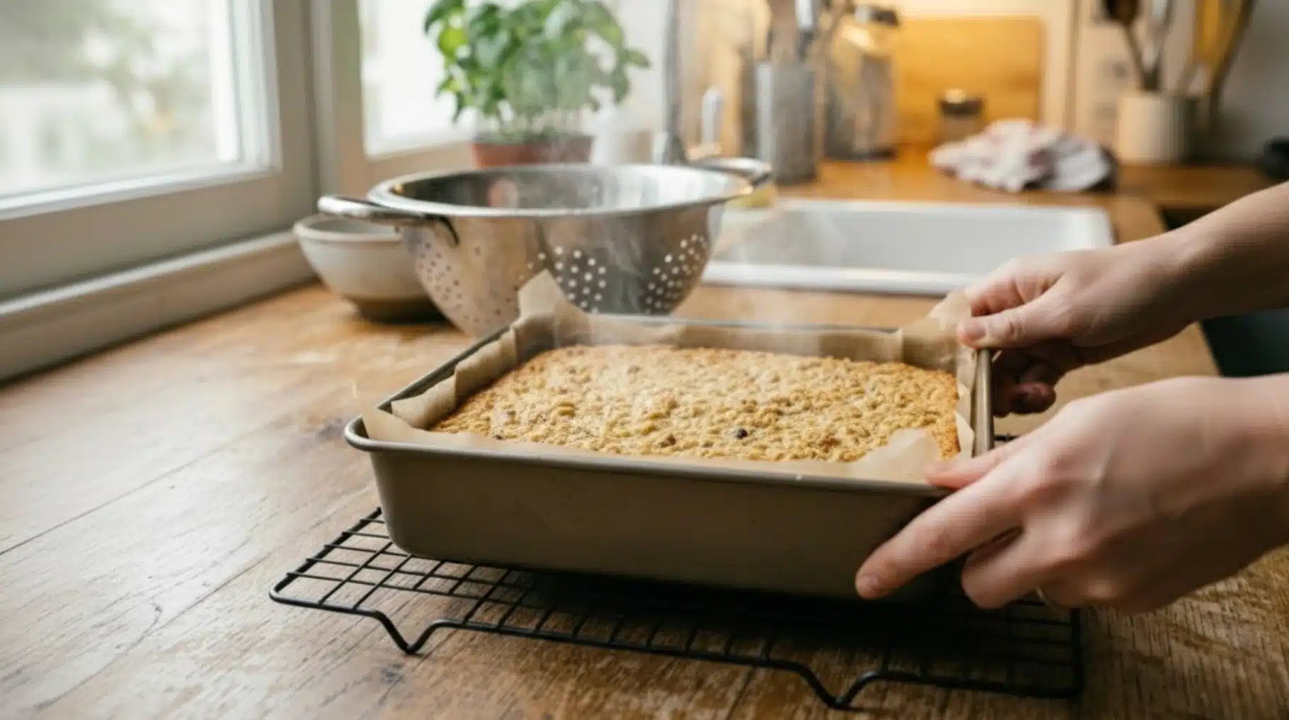 hands placing baked oat bar tray lined with parchment paper onto cooling rack on wooden kitchen counter near window