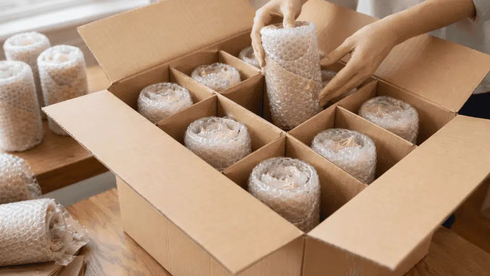 hands placing paper- and bubble-wrapped glasses into a cardboard moving box with dividers to keep each glass separated and protected
