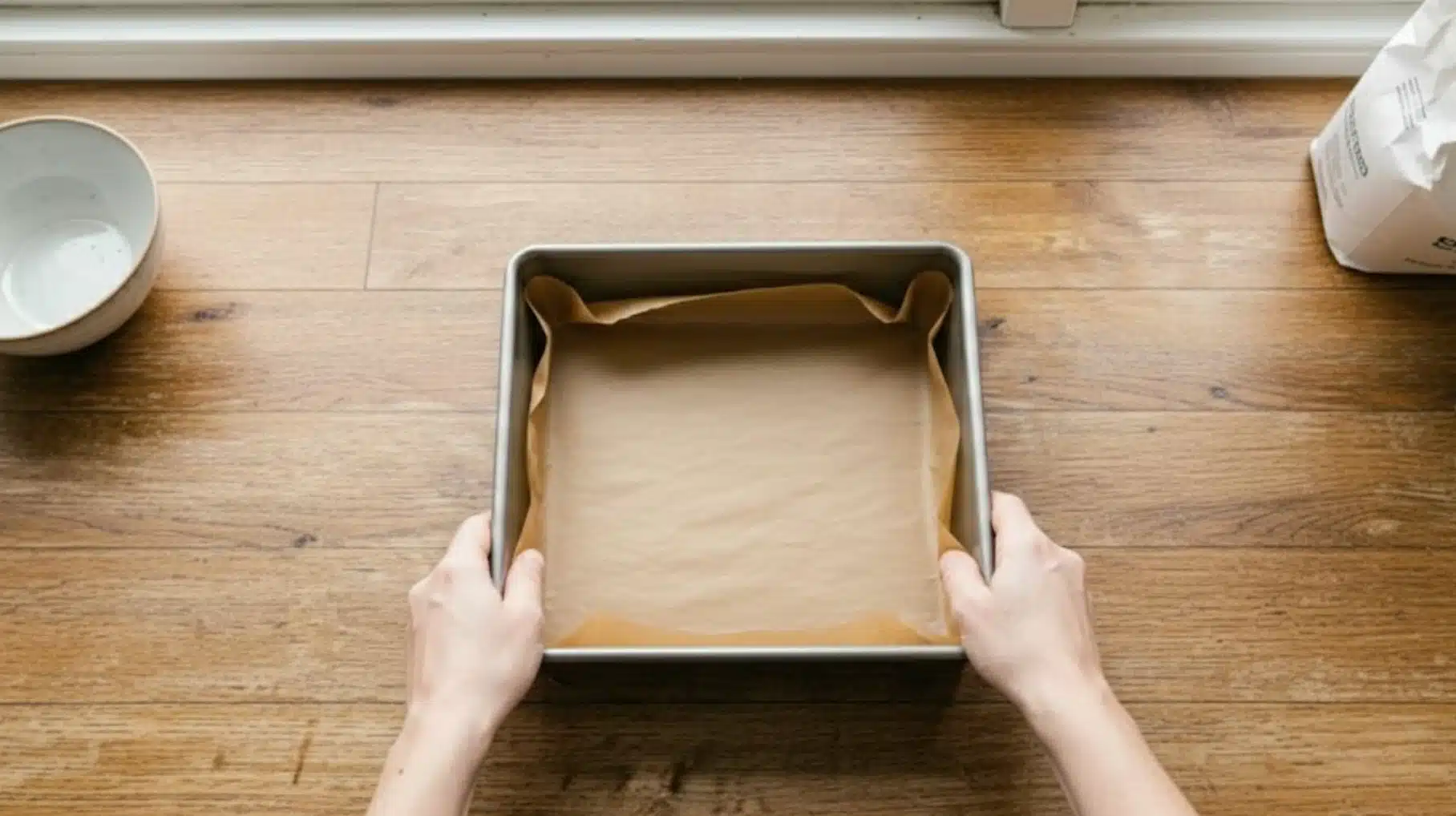 hands placing parchment paper inside a baking pan on wooden countertop, preparing baking tray for baking