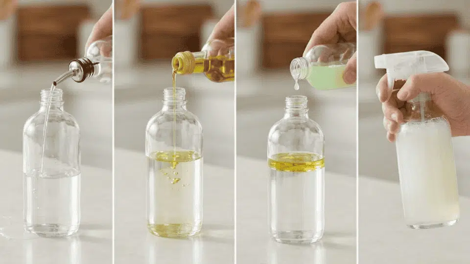 _hands pouring distilled water, oil, and essential oil into glass spray bottle labeled wood cleaner on kitchen counter