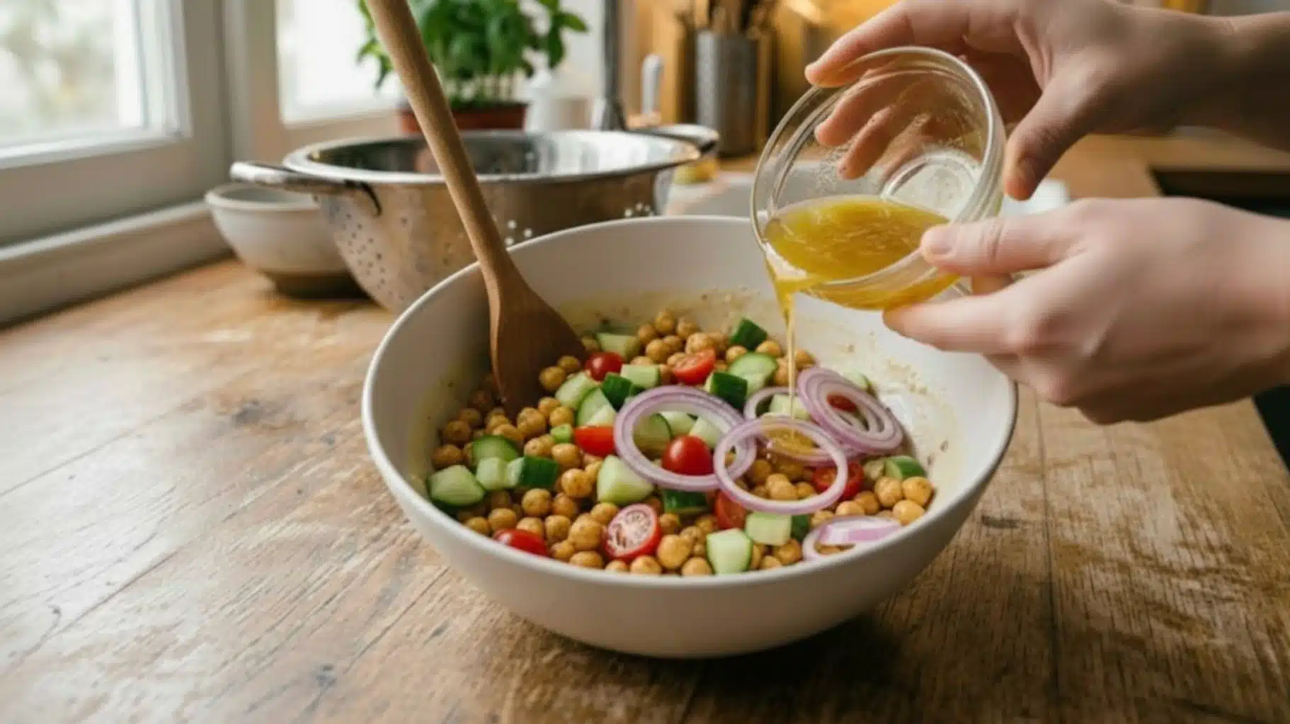 hands pouring lemon olive oil dressing into chickpea salad with cucumber, tomatoes, and onion in bowl on wooden table