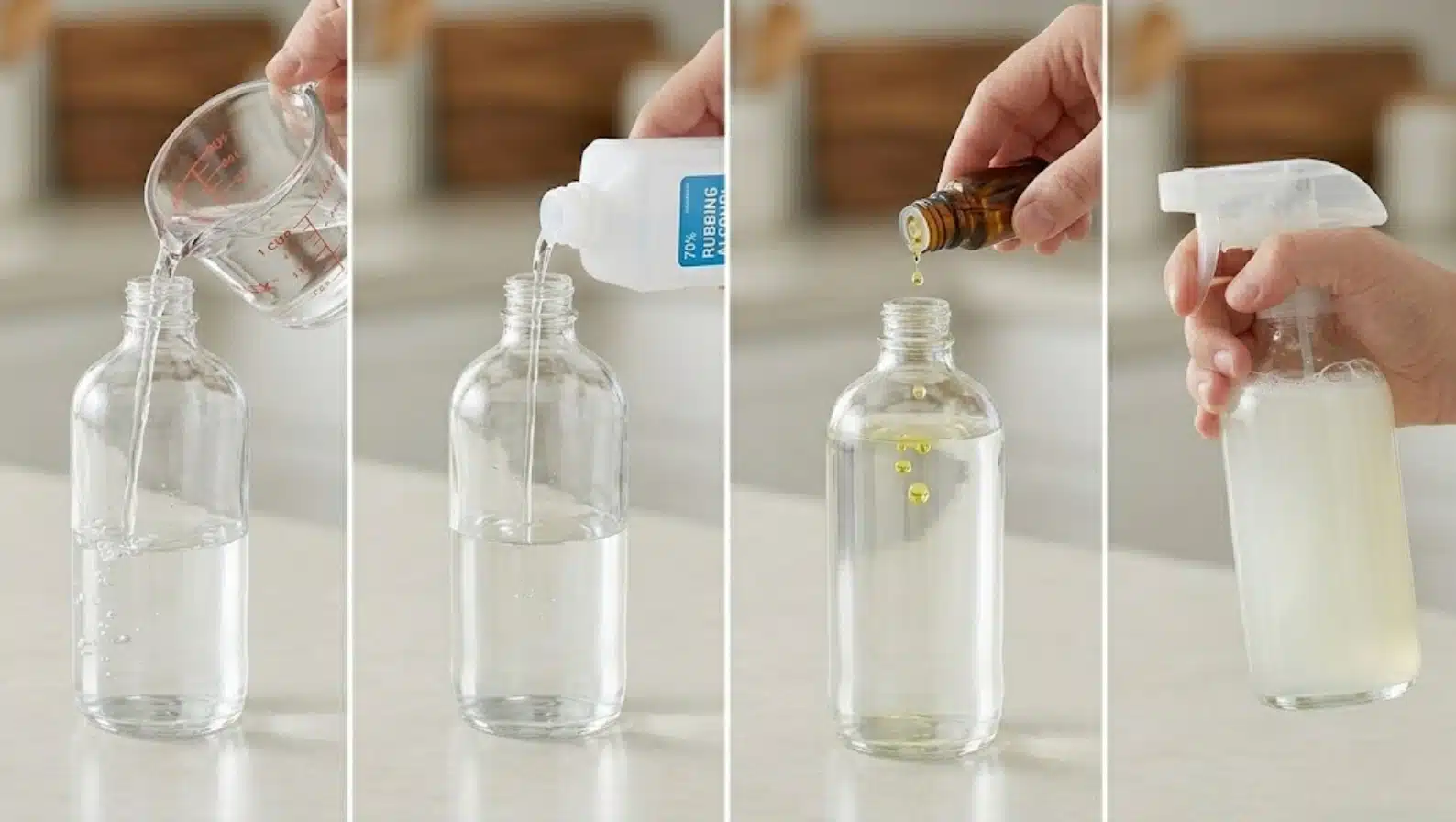 hands pouring water, rubbing alcohol, and essential oil into glass spray bottle, then shaking homemade cleaning mixture