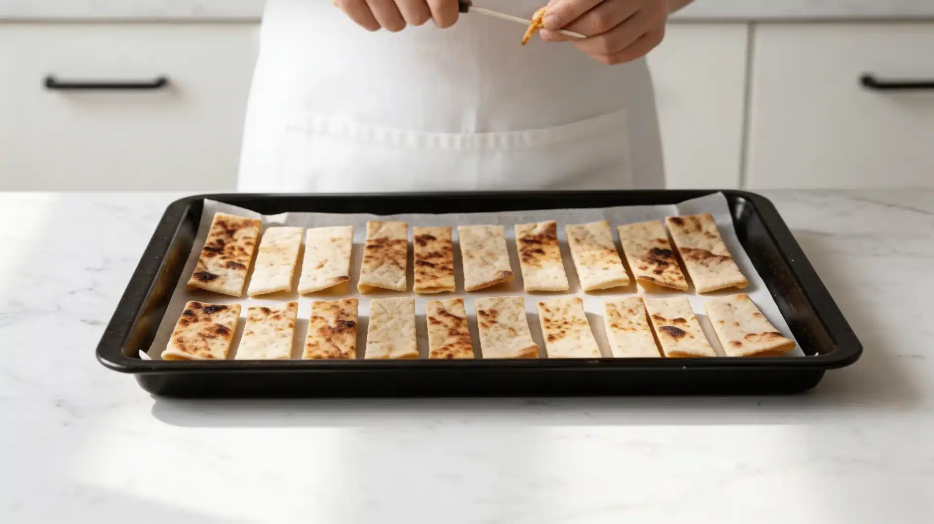 hands preparing baked flatbread strips on tray, arranging pieces, with parchment paper on baking sheet in clean kitchen