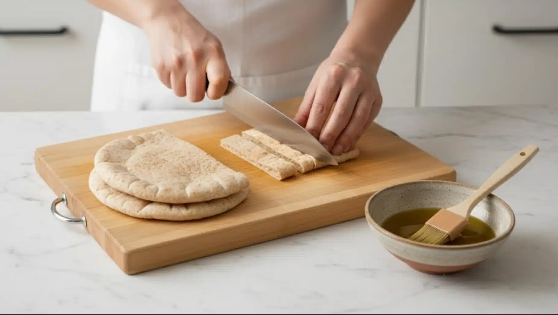 hands slicing pita bread into strips on wooden board, with olive oil bowl and brush nearby in clean kitchen setting