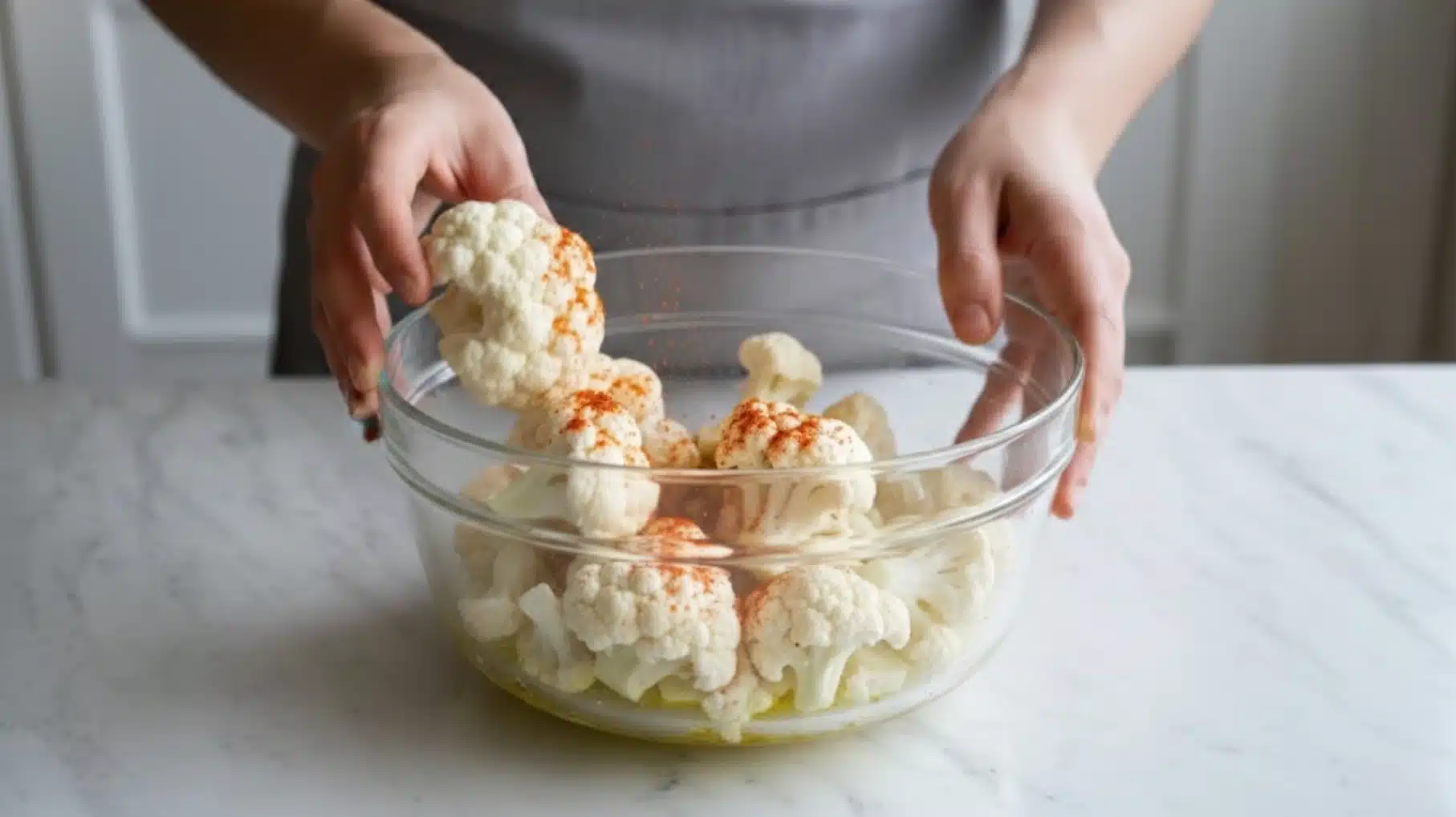 hands tossing cauliflower florets with oil and paprika in glass bowl on kitchen counter, preparing seasoned cauliflower