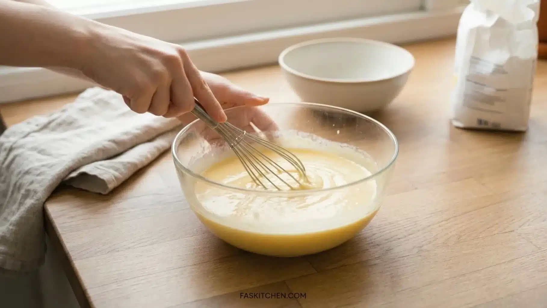 hands whisking smooth batter in a glass mixing bowl on wooden countertop with flour bag and kitchen towel nearby