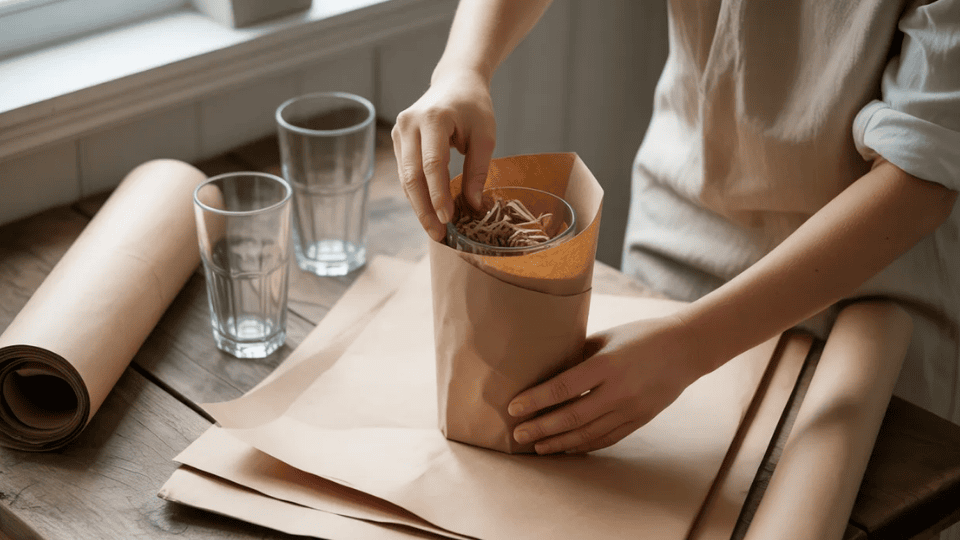 hands wrapping a drinking glass in brown packing paper and placing paper inside for support while preparing fragile glassware for moving