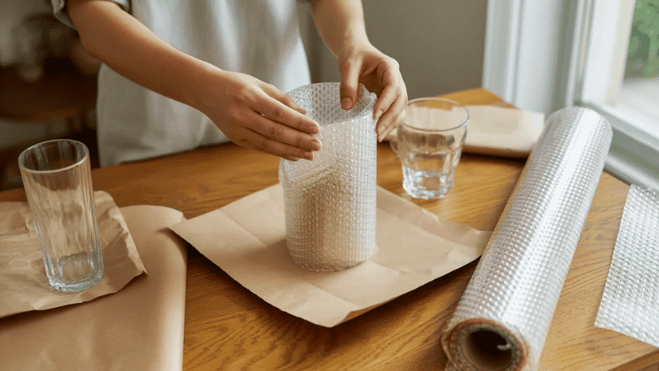 hands wrapping a drinking glass with bubble wrap over packing paper to add extra padding and protect fragile glassware during moving