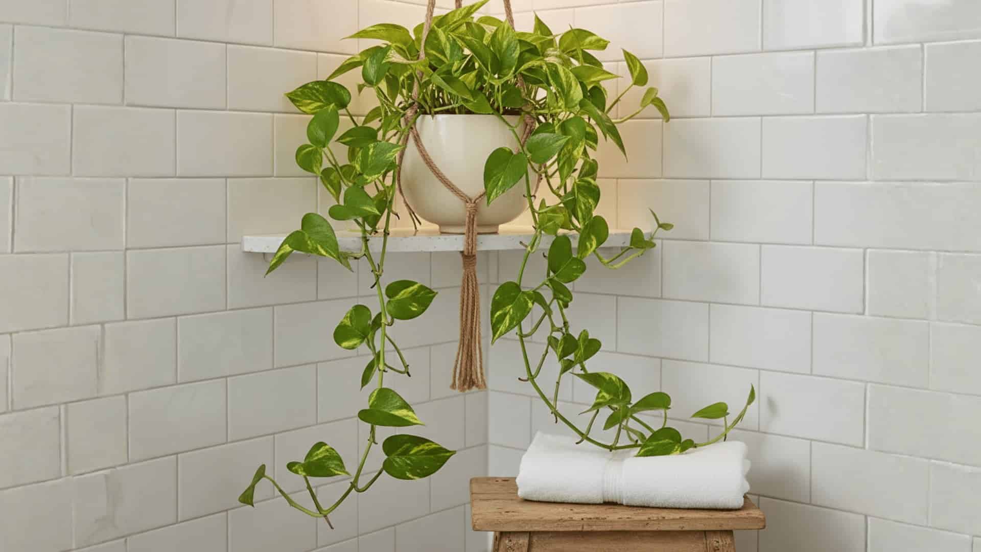 hanging pothos plant in white pot above wooden stool with folded towel in bright white tiled bathroom