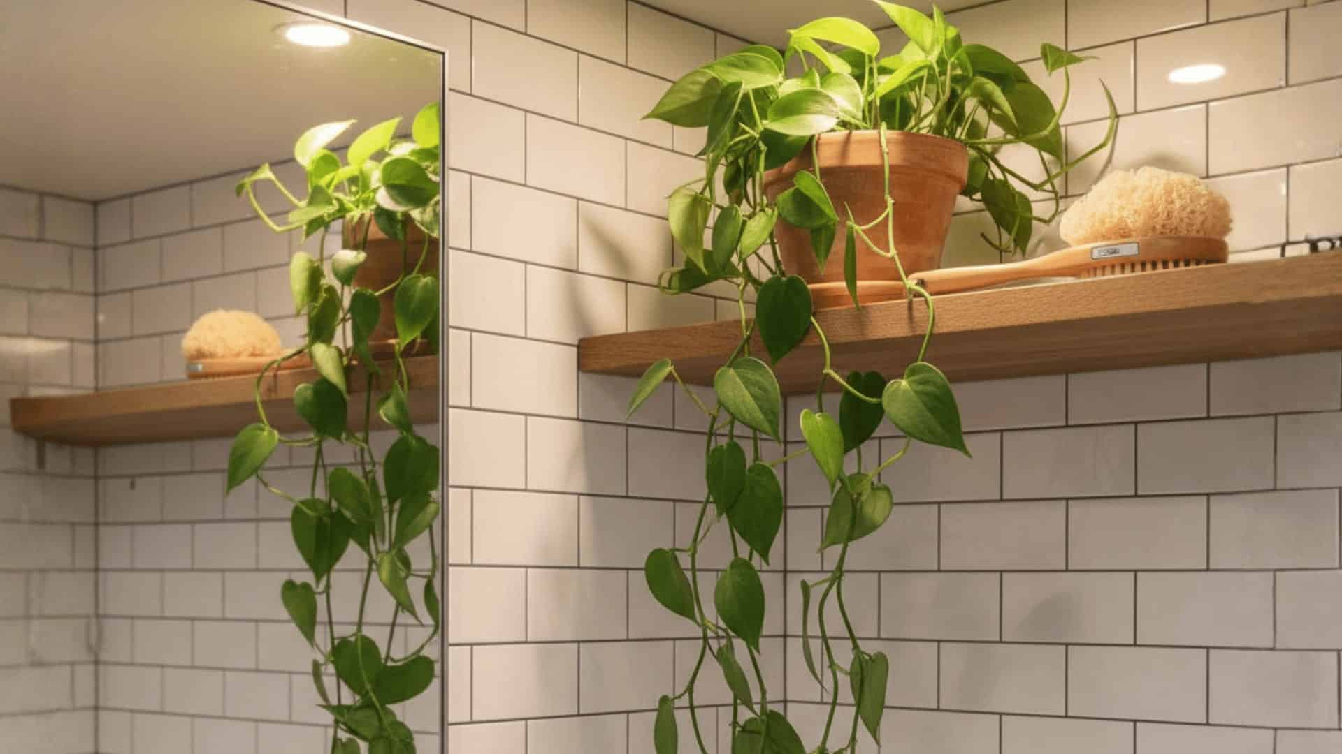 heart leaf philodendron in terracotta pot on high shelf with trailing vines beside bathroom mirror