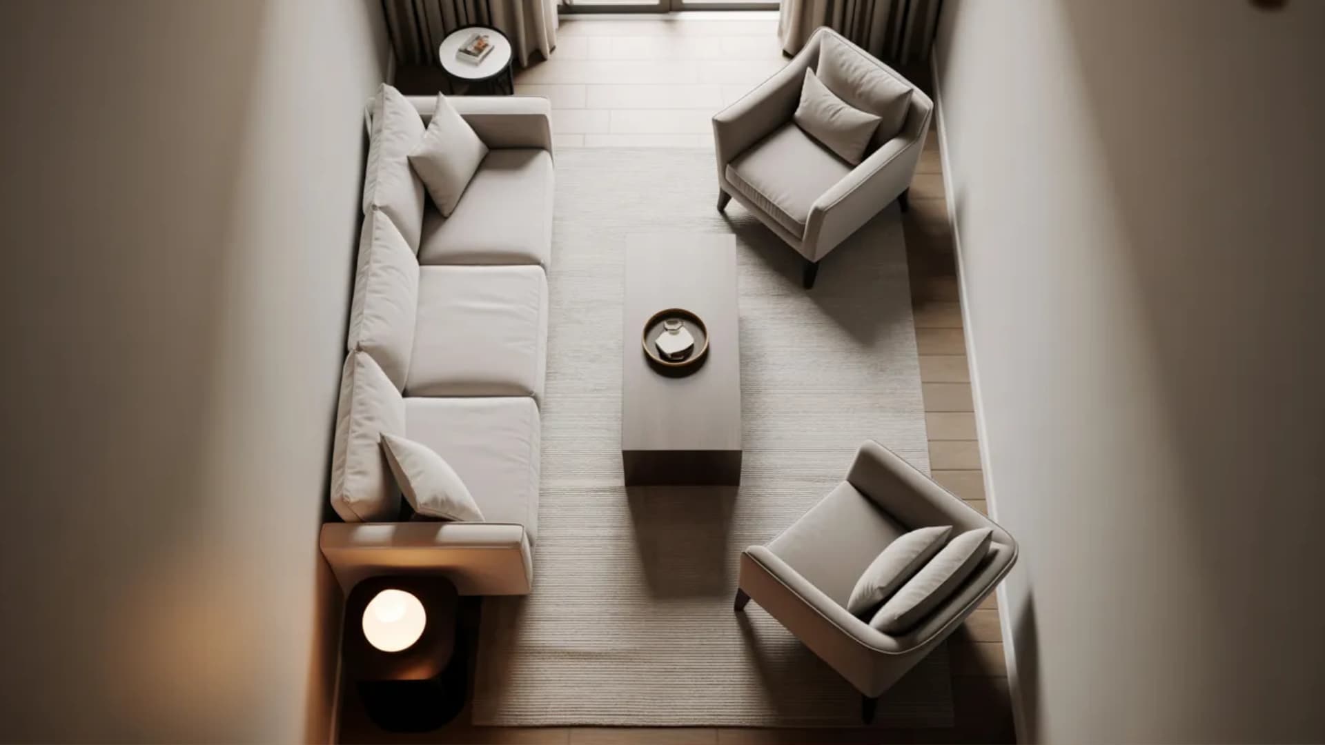 interior design photograph showcasing a thoughtfully arranged narrow living room with warm, inviting lighting