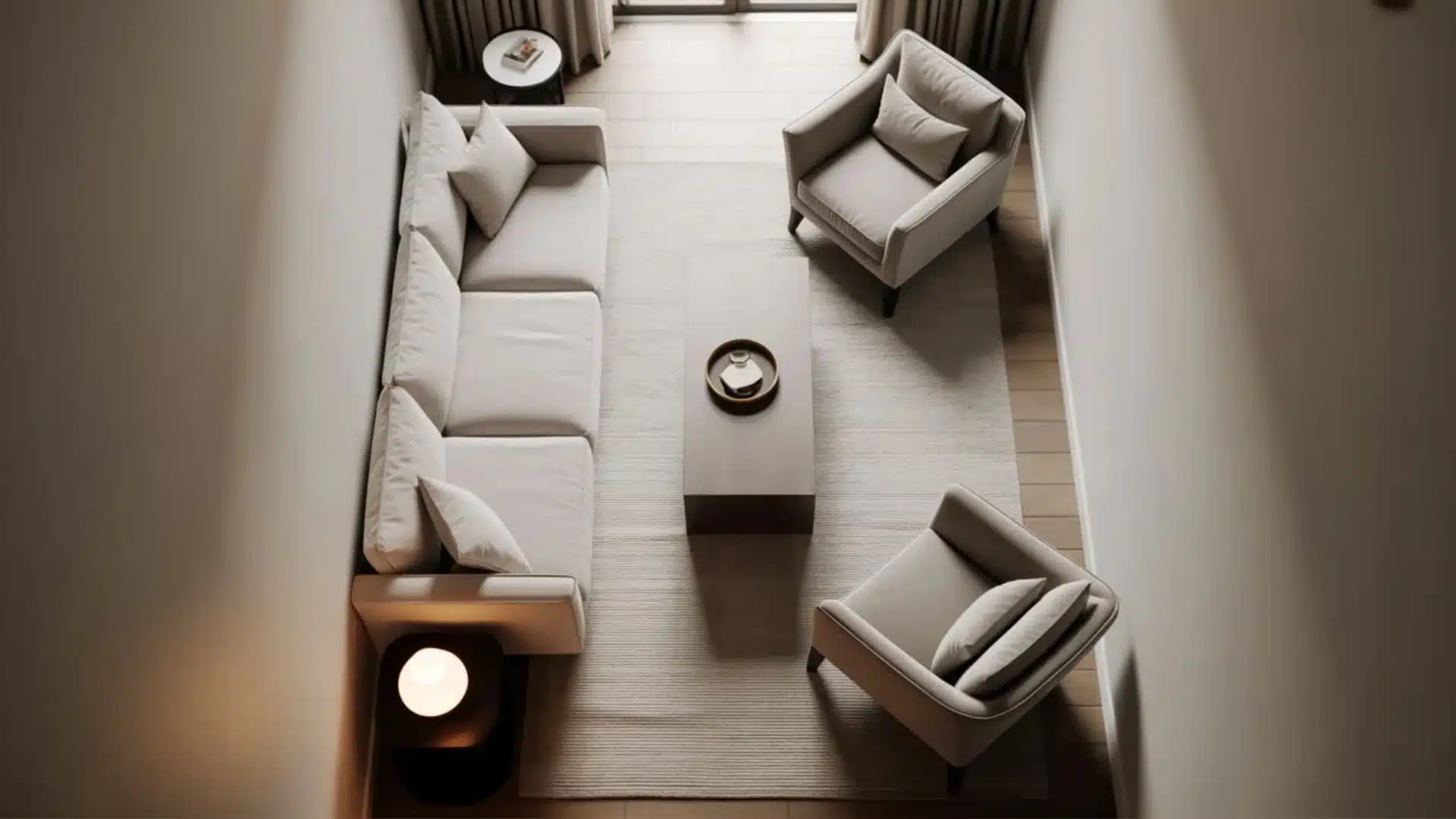 interior design photograph showcasing a thoughtfully arranged narrow living room with warm, inviting lighting