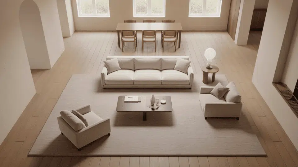 large area rug anchors sofa and chairs to clearly define the living zone in open layout.