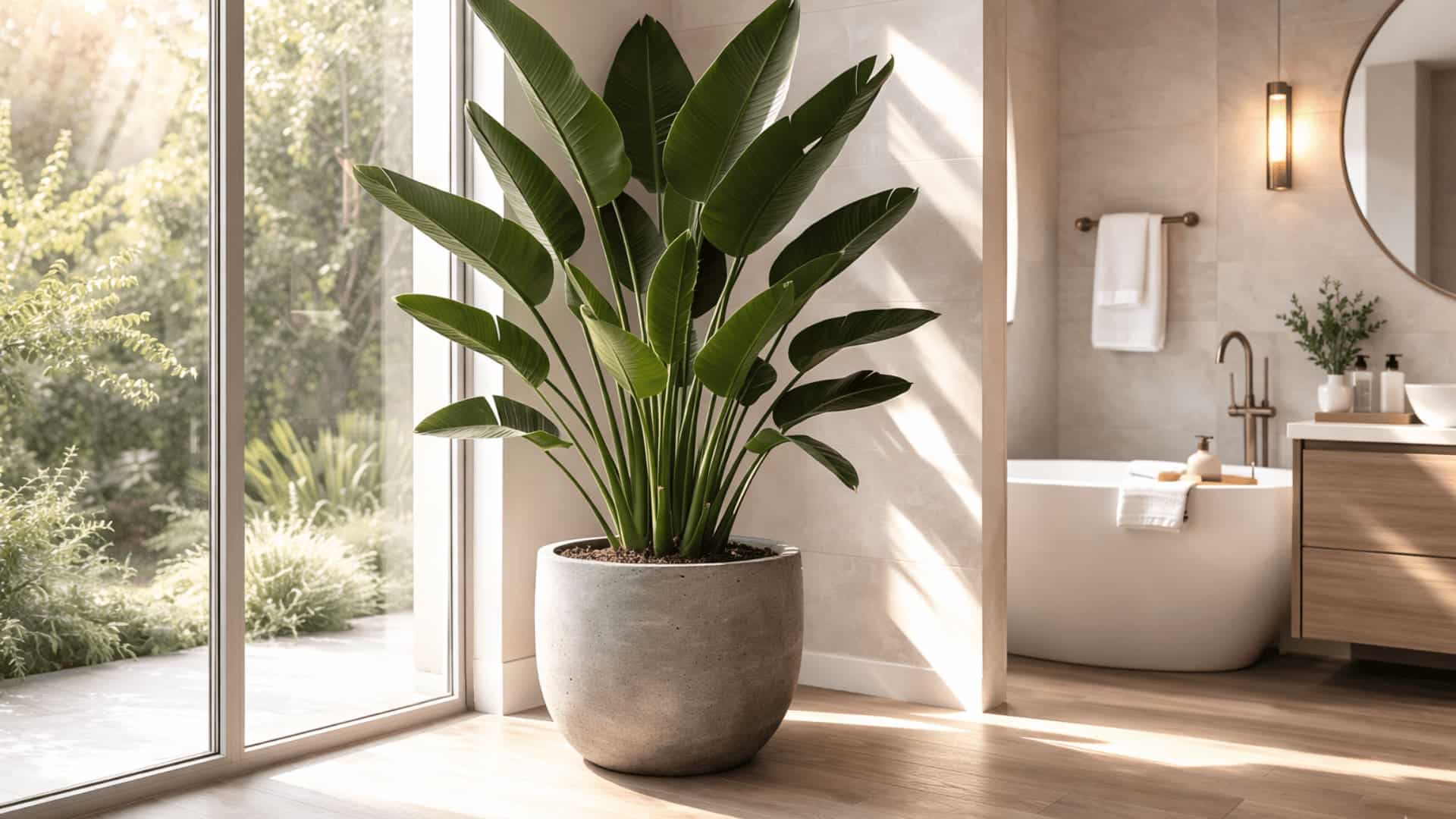 large bird of paradise in concrete pot beside floor to ceiling window and freestanding bathtub