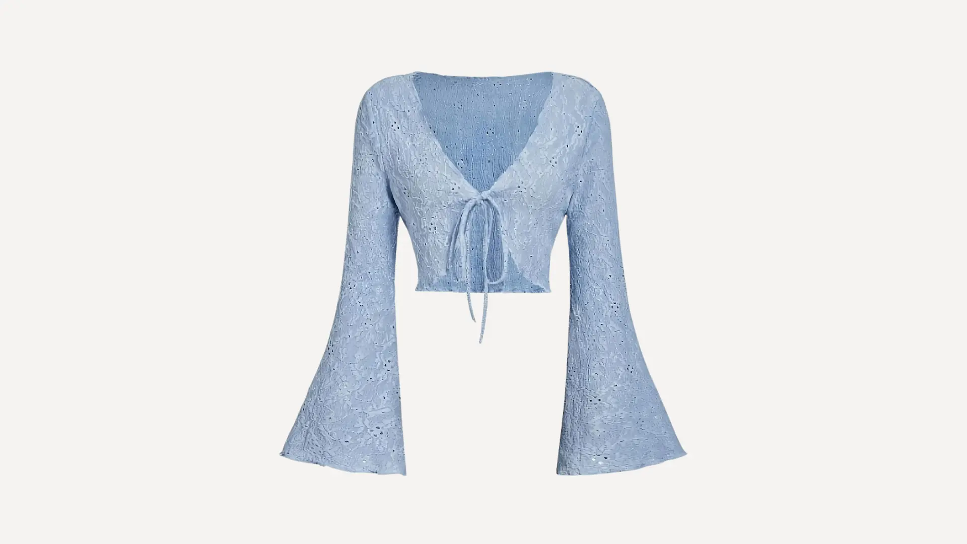 light blue floral lace bell sleeve top with a deep v-neckline and tie-front closure on a plain white background