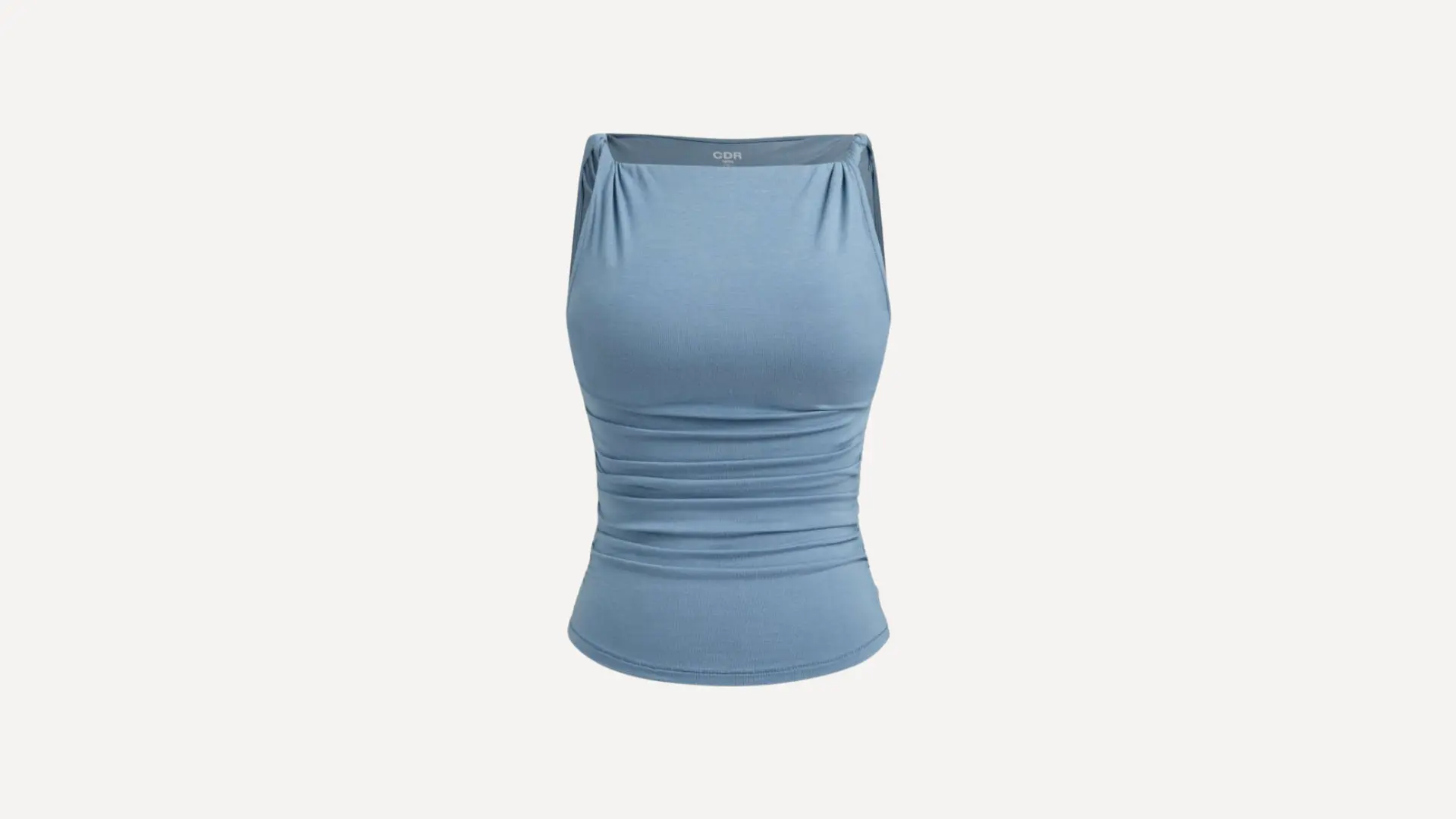 light blue sleeveless top with a boat neckline and soft horizontal ruching across the bodice for a textured fit