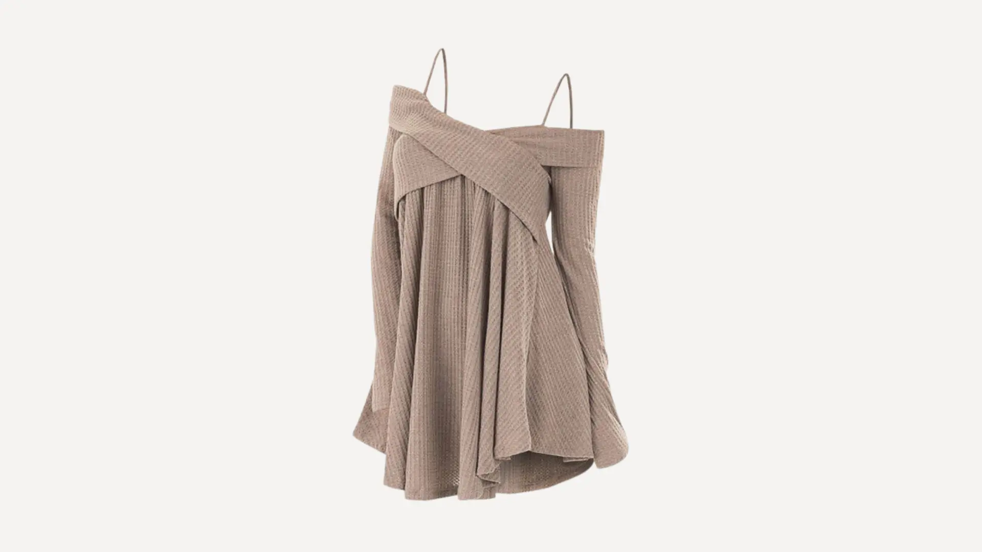 lightweight tan thermal knit tunic with spaghetti straps, a draped crossover neckline, and a flowy flared hemline