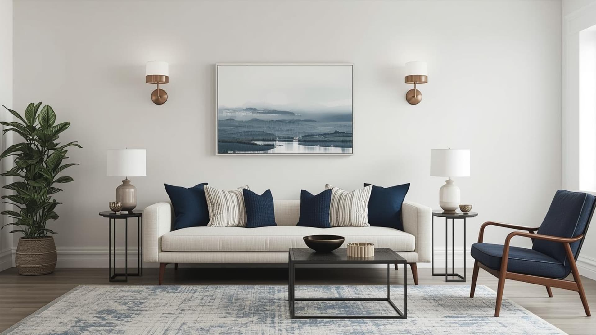 living room with a white sofa, navy pillows, an armchair, and a landscape painting centered between two wall sconces