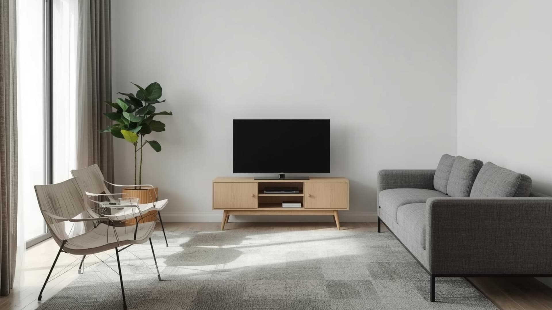 living room with tv placed in corner on compact stand, sofa angled slightly toward TV, lightweight movable chairs, efficient layout, natural light, full space visible