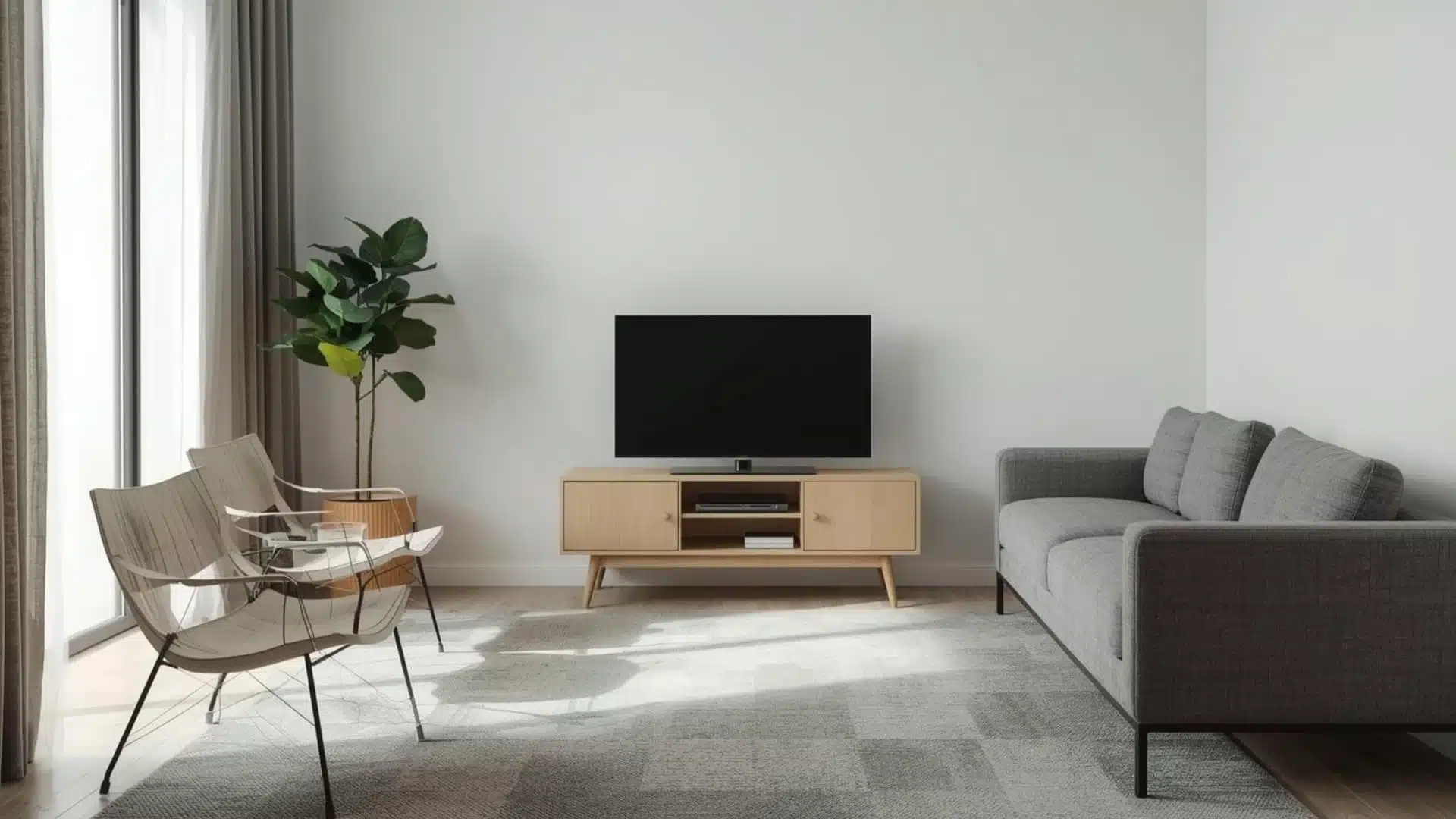 living room with tv placed in corner on compact stand, sofa angled slightly toward TV, lightweight movable chairs, efficient layout, natural light, full space visible