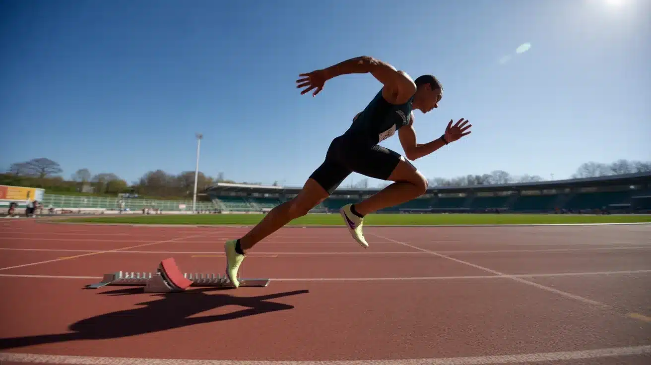 male sprinter launching from starting blocks on outdoor track, midair stride under clear blue sky at stadium field