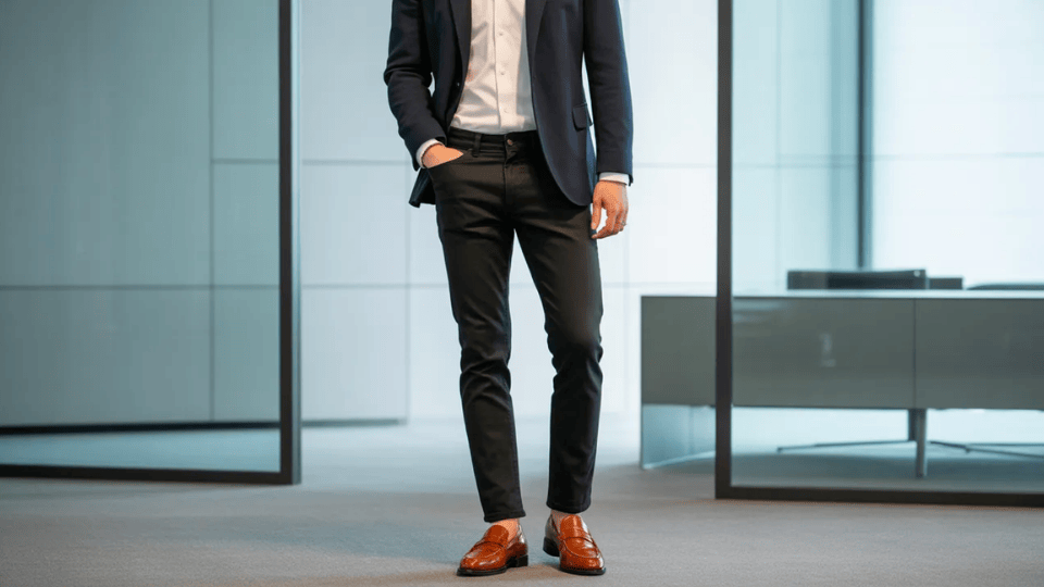 man wearing black jeans, white button-down shirt, and navy blazer with brown loafers in a modern office, showing a classic business casual outfit