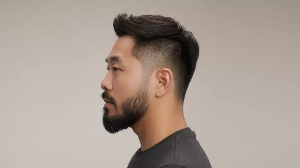 man with bald fade haircut showing clean shaved sides and gradual fade with longer hair on top