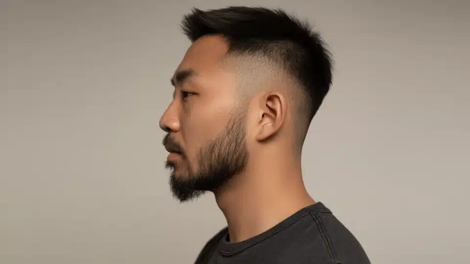 man with skin fade haircut showing clean shaved sides and gradual fade with longer hair on top