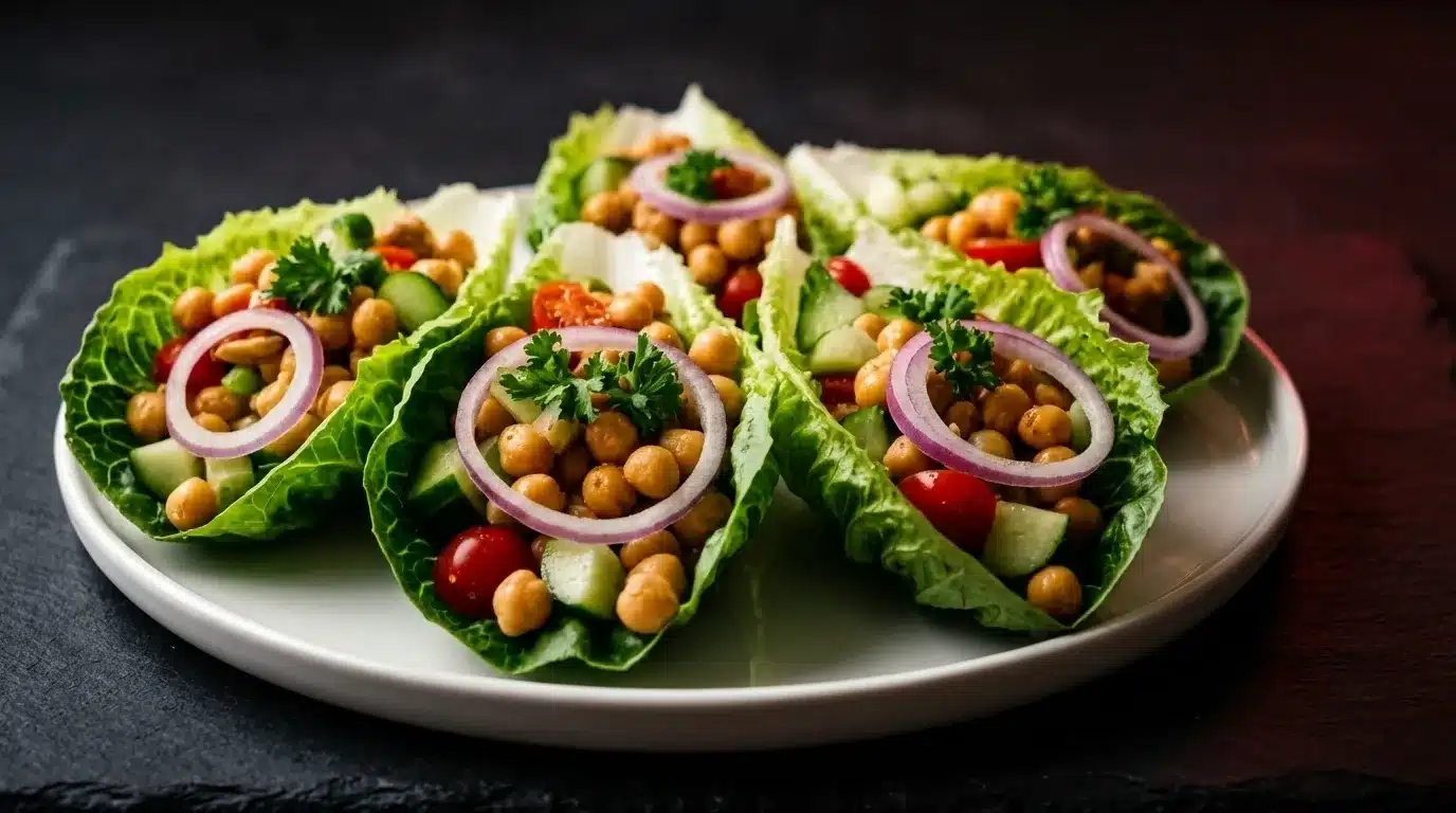 mediterranean chickpea salad cups served in lettuce, cucumber, cherry tomatoes, red onion, and parsley on white plate