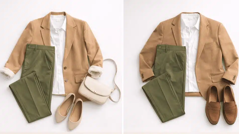 men and women smart casual outfits with olive green pants, white shirts, and camel blazers styled