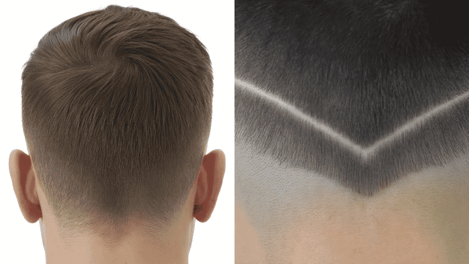 mens haircut back neckline showing taper and fade one natural short blend and one sharp skin fade at nape