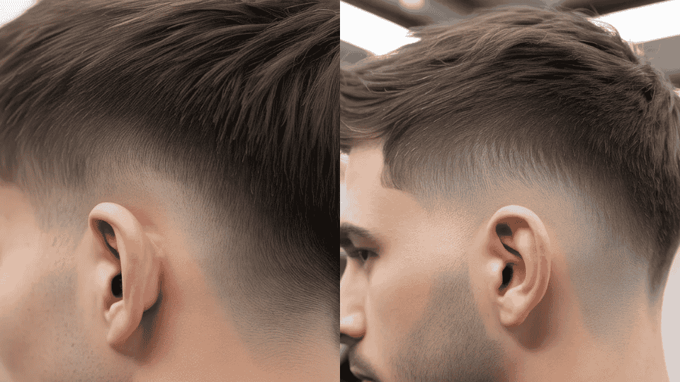 mens haircut mid sides comparing taper and fade gradual soft blend versus sharp fade toward near bald sides