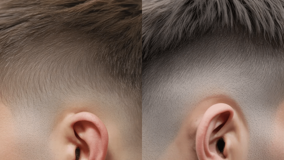 mens haircut sideburn area showing both taper and fade styles one soft natural blend and one sharp skin fade near ear