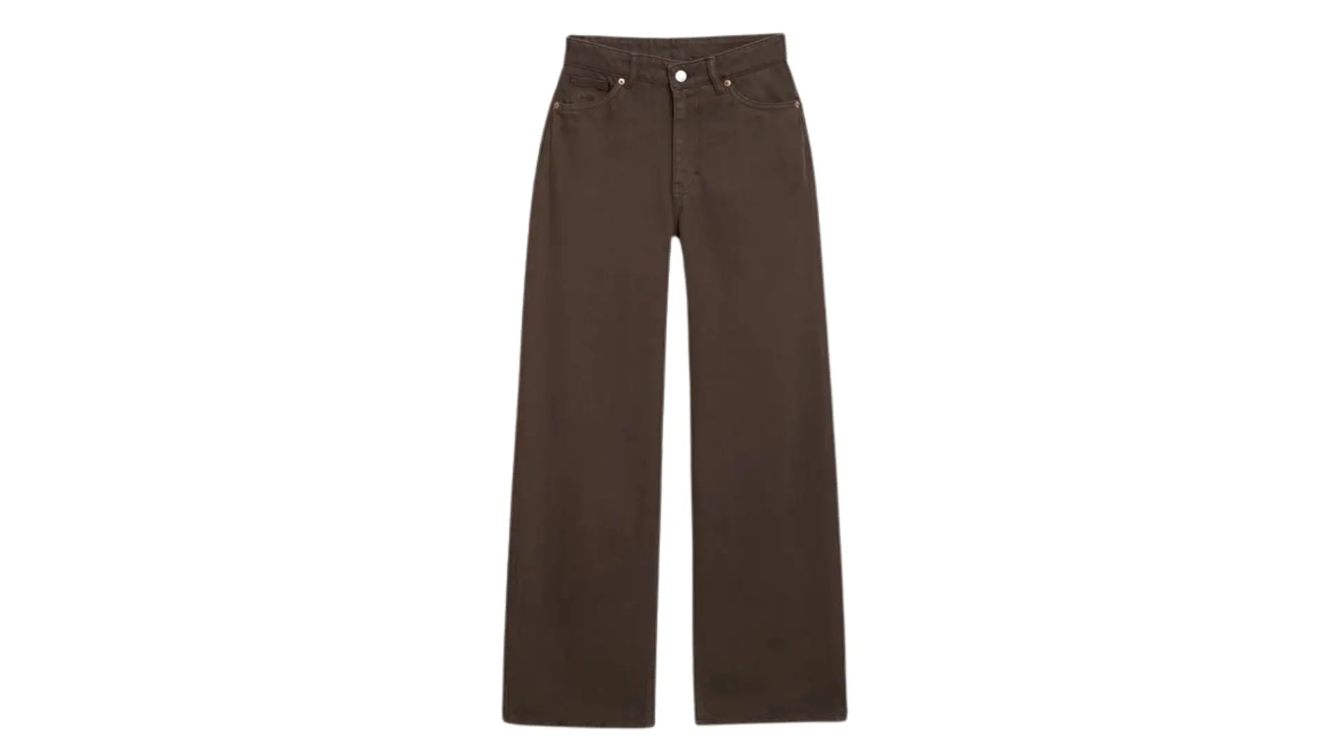mid-rise dark brown wide-leg jeans are centered against a white background in a studio shot