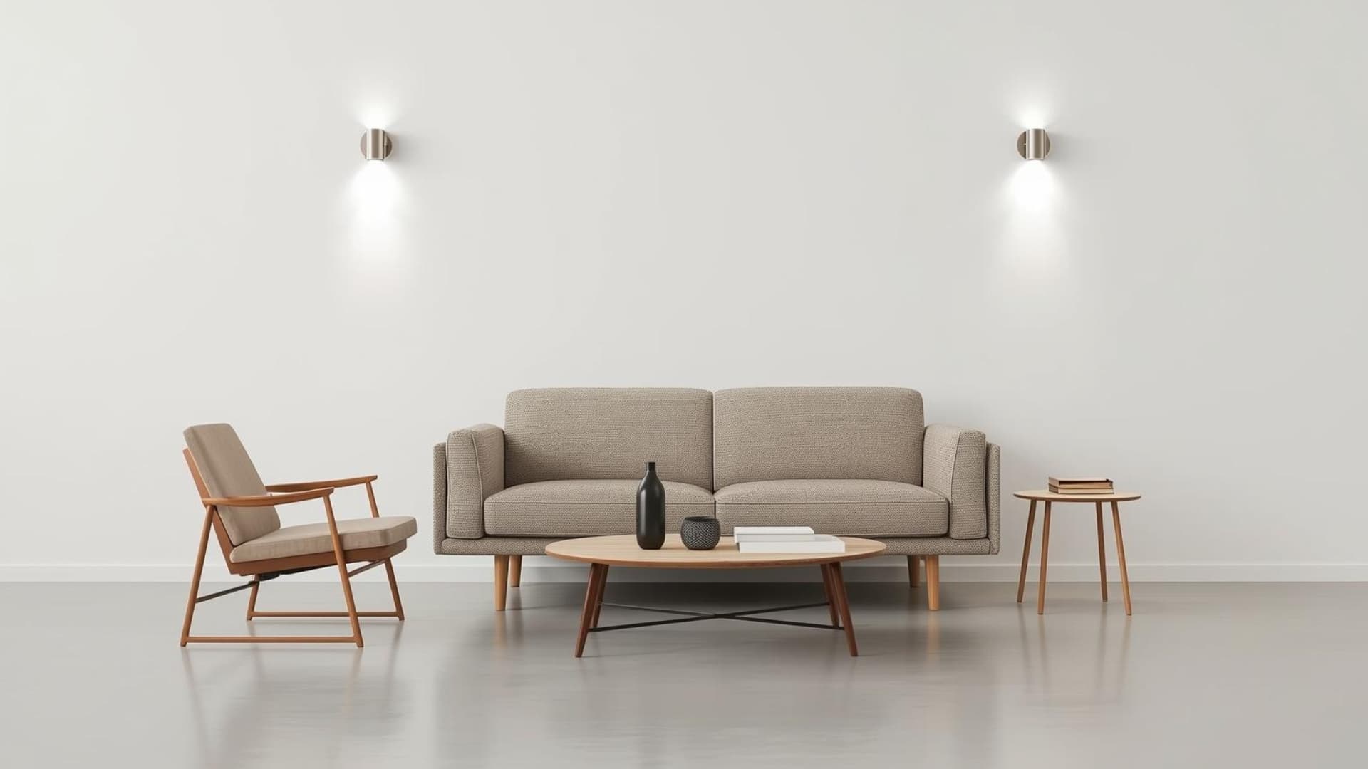 minimal living room with sofa, single chair, compact coffee table, clean lines, exposed legs, open floor space, wall-mounted lighting, simple decor