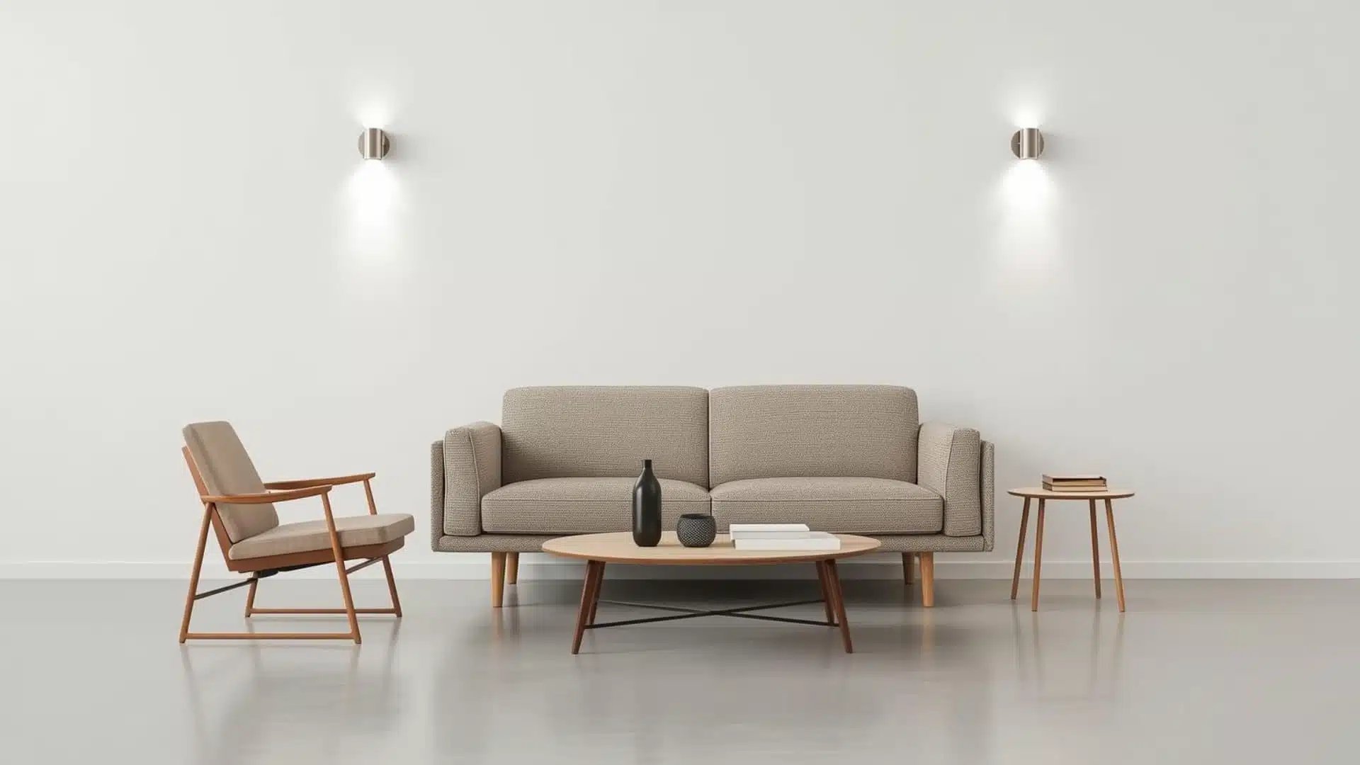minimal living room with sofa, single chair, compact coffee table, clean lines, exposed legs, open floor space, wall-mounted lighting, simple decor