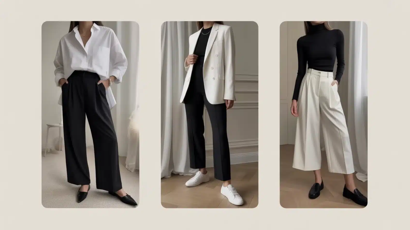 minimalist outfits with white shirts, tailored blazers, black tops, wide-leg trousers, neutral tones, and simple shoes
