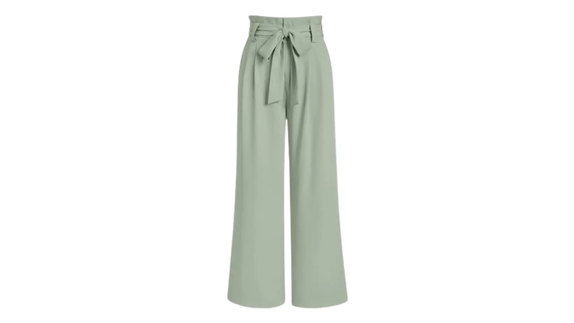 mint green high-waisted wide-leg trousers featuring a paperbag waist and a matching tie belt on a white background