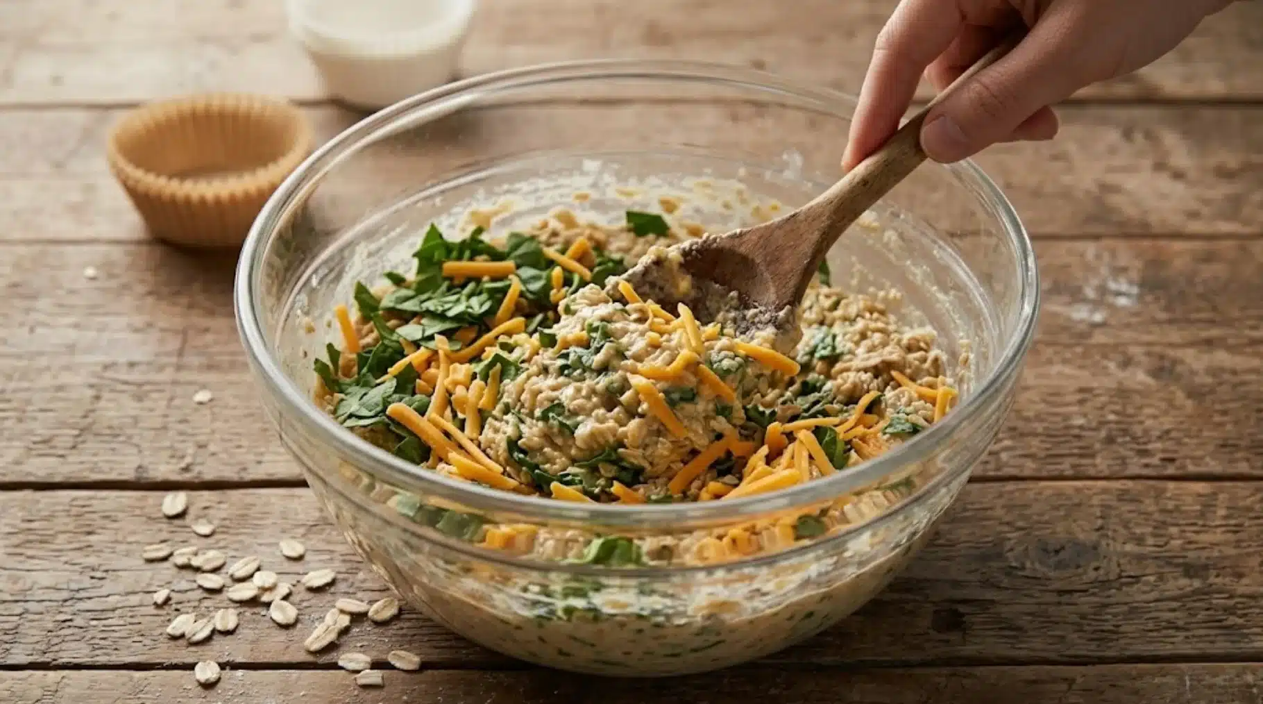 mixing bowl with oatmeal batter, shredded cheese, and chopped greens being stirred with wooden spoon on wooden table