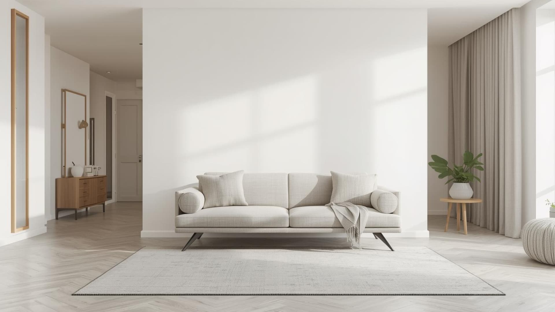 modern living room with sofa pulled slightly away from wall, narrow console table behind sofa, large area rug under front legs, defined walkways, soft neutral tones, natural lighting
