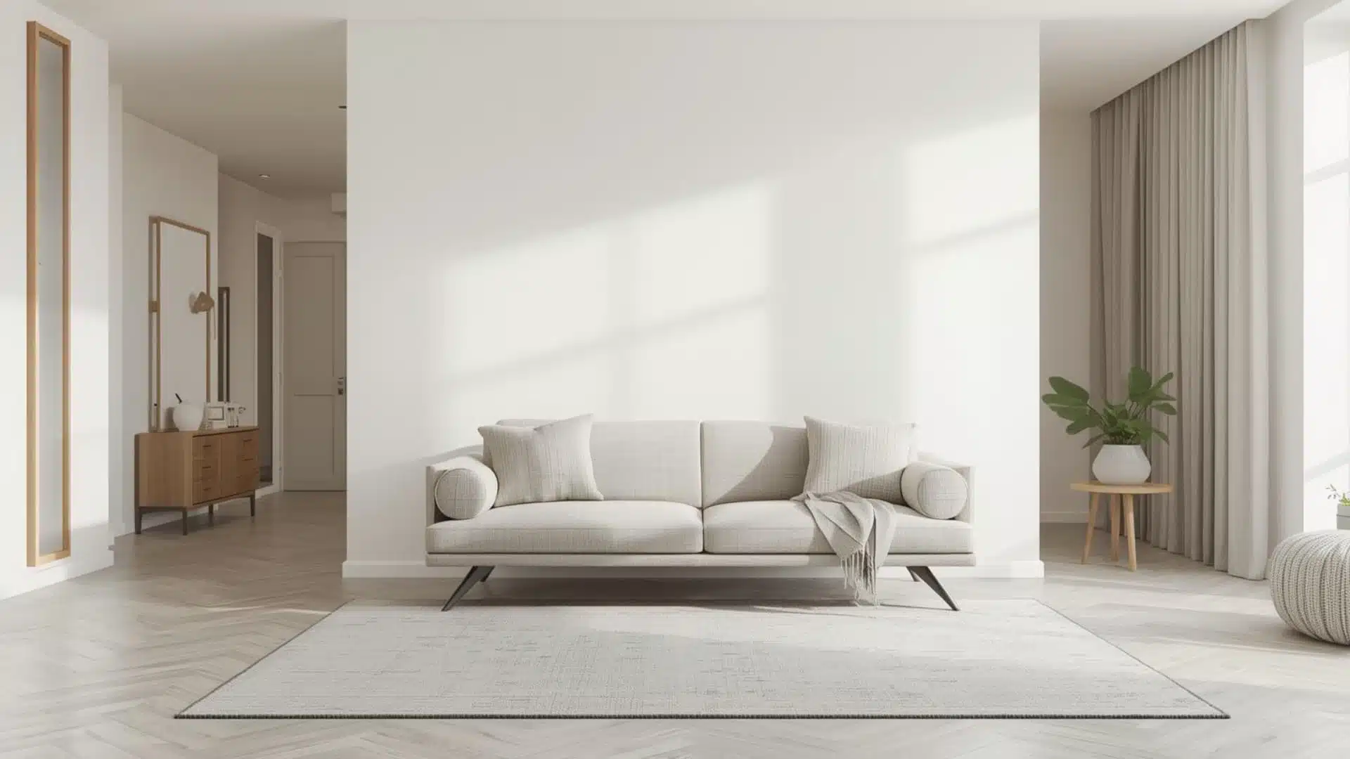 modern living room with sofa pulled slightly away from wall, narrow console table behind sofa, large area rug under front legs, defined walkways, soft neutral tones, natural lighting