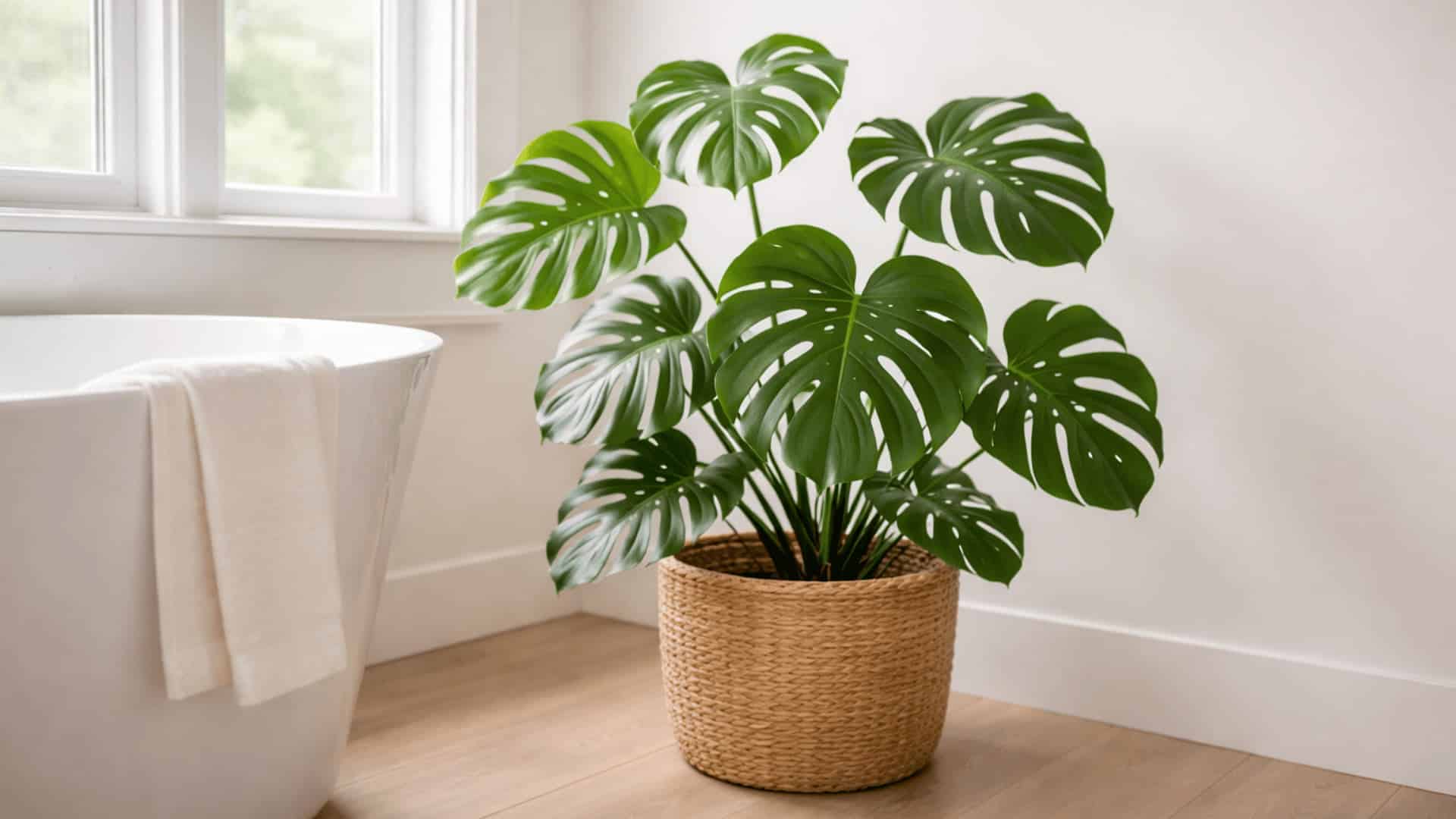 monstera deliciosa in woven basket beside freestanding tub on light wood floor with bright window light