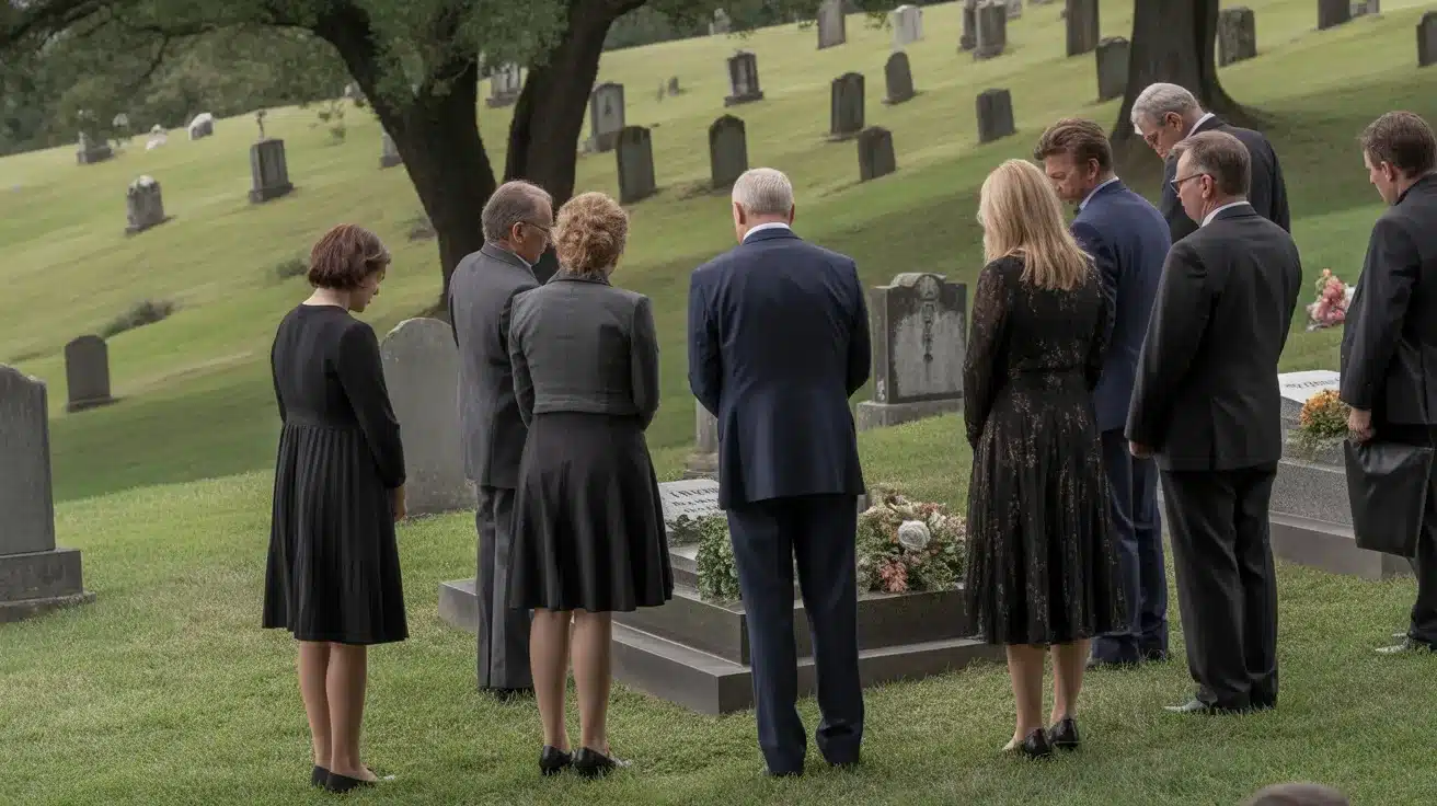 mourners dressed in black standing in cemetery, paying respects during outdoor funeral service among headstones